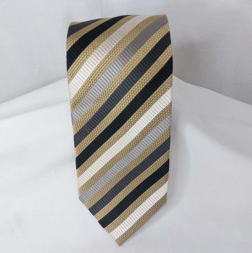 Valerio Garati Mens Silk Necktie Gold Black Gray White Striped Tie 60"x4"